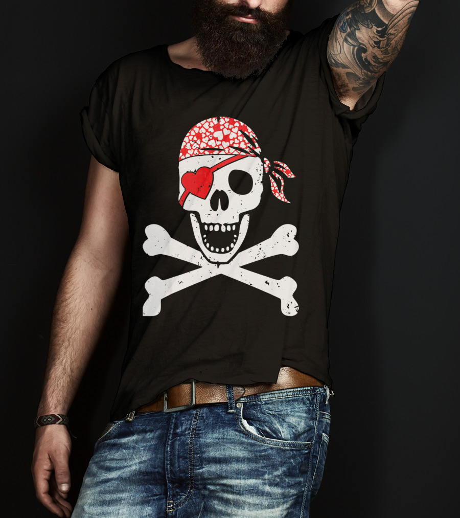 Pirate Skull And Crossbones Heart Bandana Eye Patch Flag Va T-Shirt