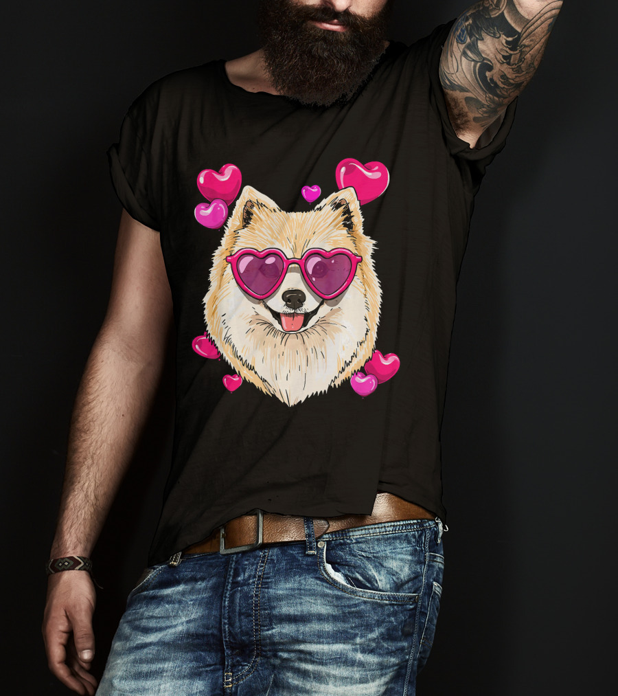 Pomeranian Valentines Day Heart Sunglasses Love Dog T-Shirt