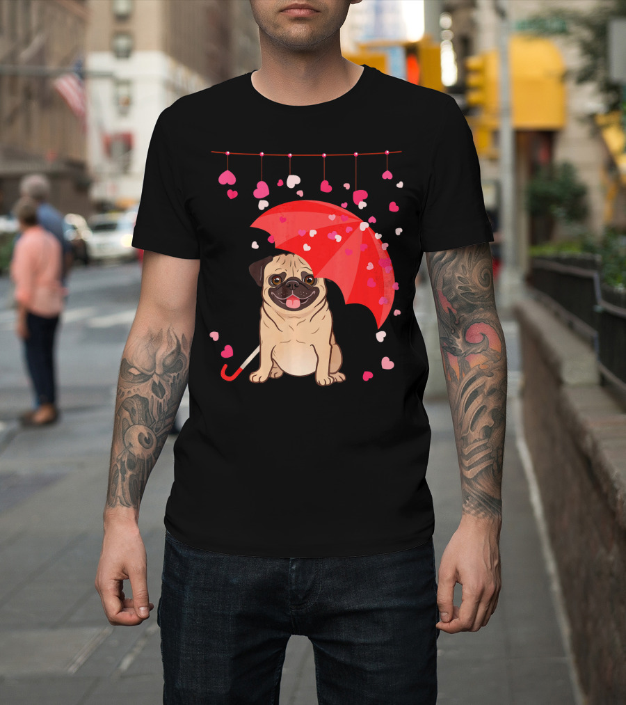 Pug With Umbrella And Falling Hearts Valentine's Day T-Shirt