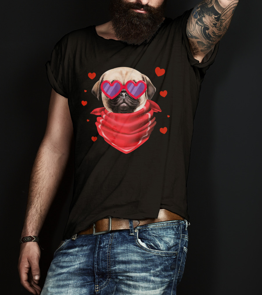 Pug Valentines Day Heart-Shaped Glasses And Bandana With Hearts T-Shirt