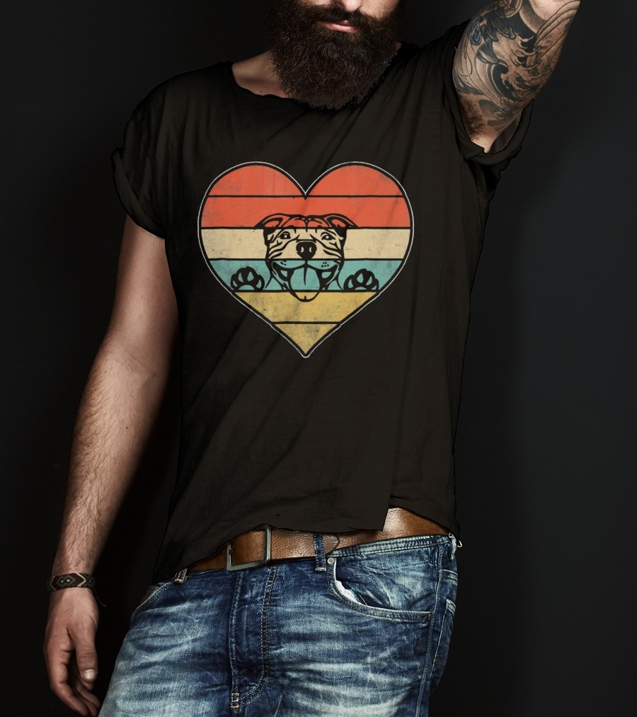 Retro Vintage Pit Bull Heart Valentine Stripes T-Shirt