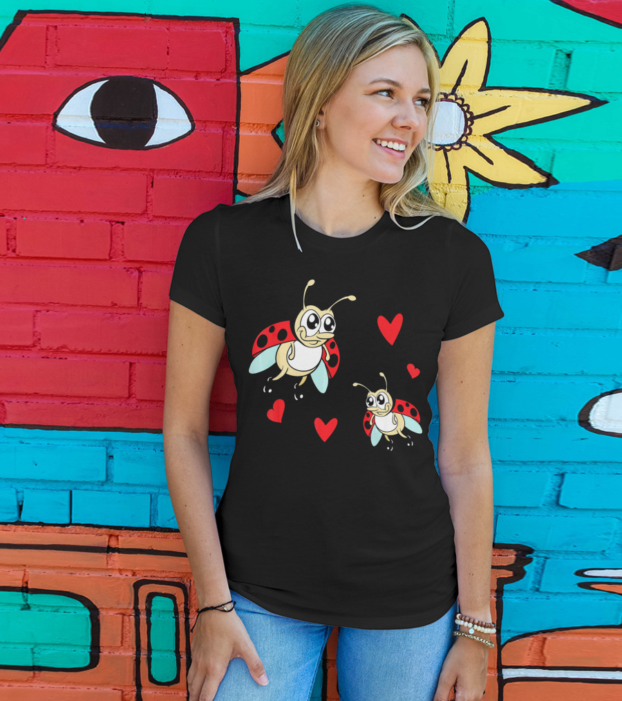 Romantic Valentine's Day Ladybug Couple With Hearts T-Shirt
