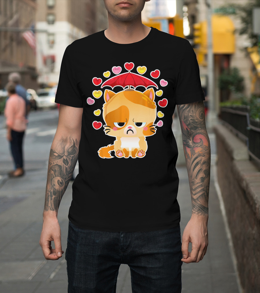 Sad Cat Under Umbrella with Raining Hearts Valentine's Day T-Shirt
