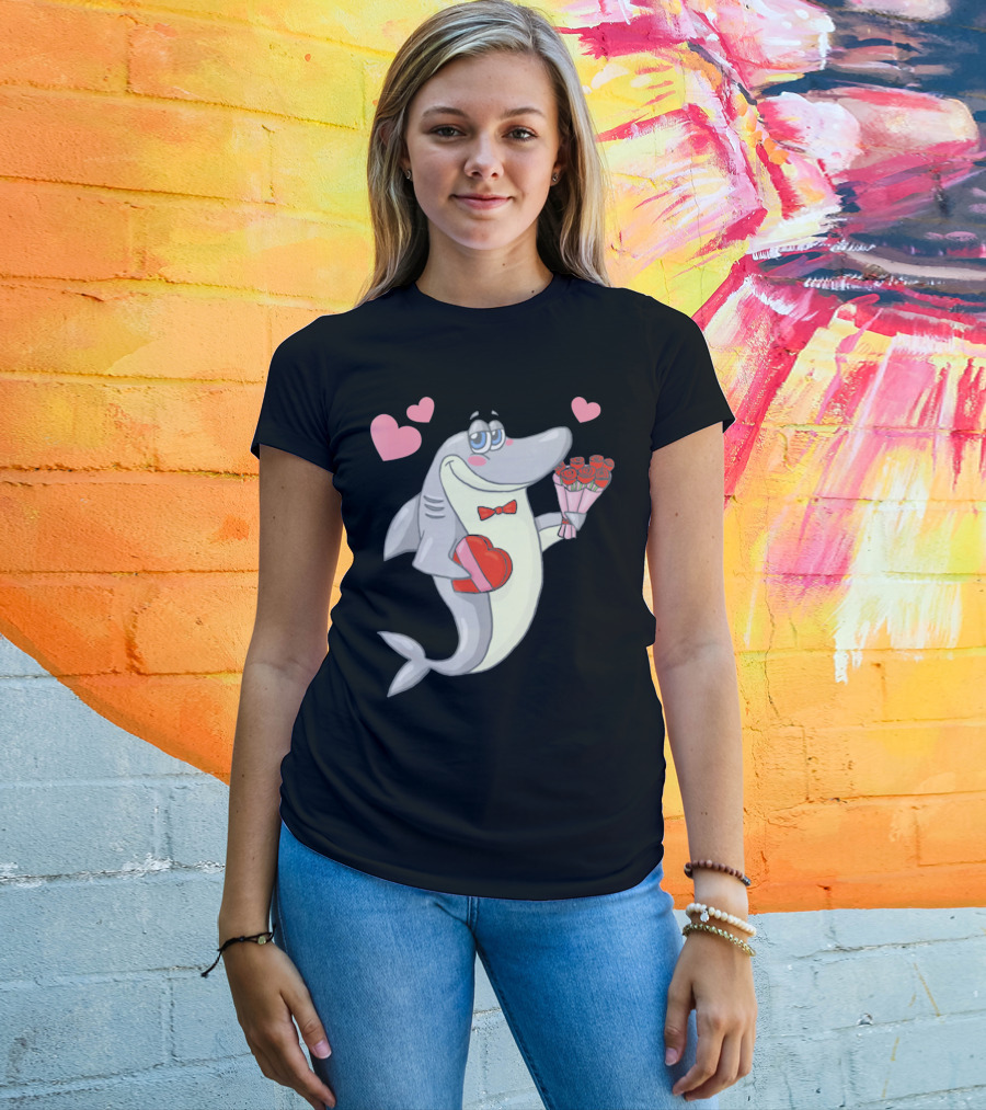 Shark Holding Heart Box And Bouquet With Hearts Valentine T-Shirt
