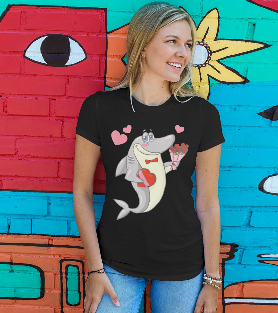 Shark Holding Heart Box And Bouquet With Hearts Valentine T-Shirt
