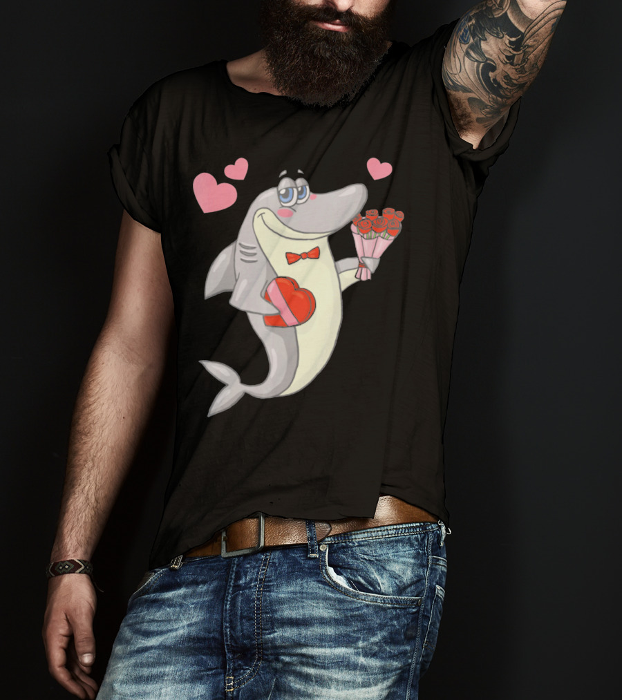 Shark Holding Heart Box And Bouquet With Hearts Valentine T-Shirt