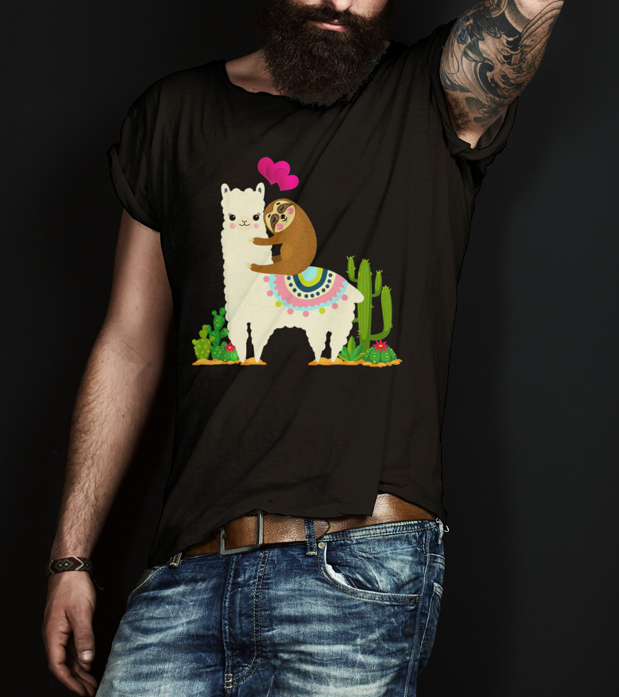 Sloth Riding Llama With Pink Hearts And Cactus Funny Valentin T-Shirt