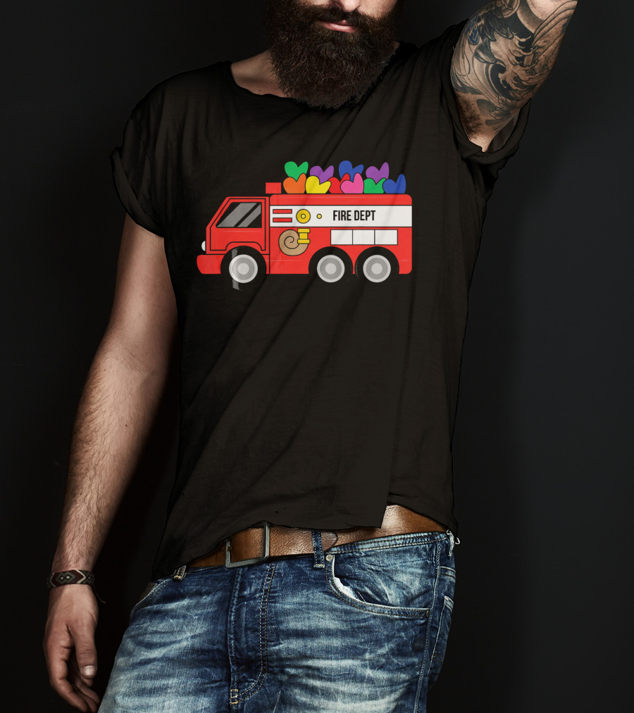 Fire Dept Valentine Hearts Sloth Fire Truck T-Shirt