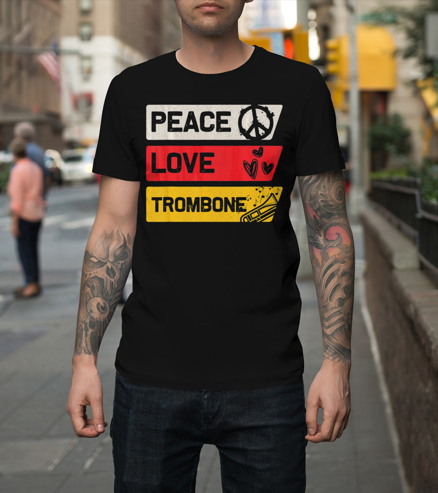 Peace Sign Love Heart Trombone Music Symbols T-Shirt