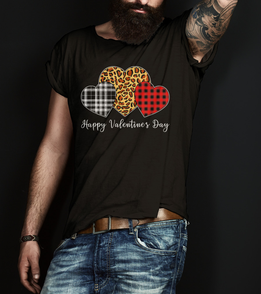 Happy Valentine's Day Three Hearts Leopard Buffalo Plaid T-Shirt