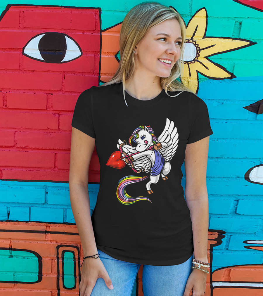 Unicorn Cupid Heart Valentines Day Rainbow Pegasus T-Shirt