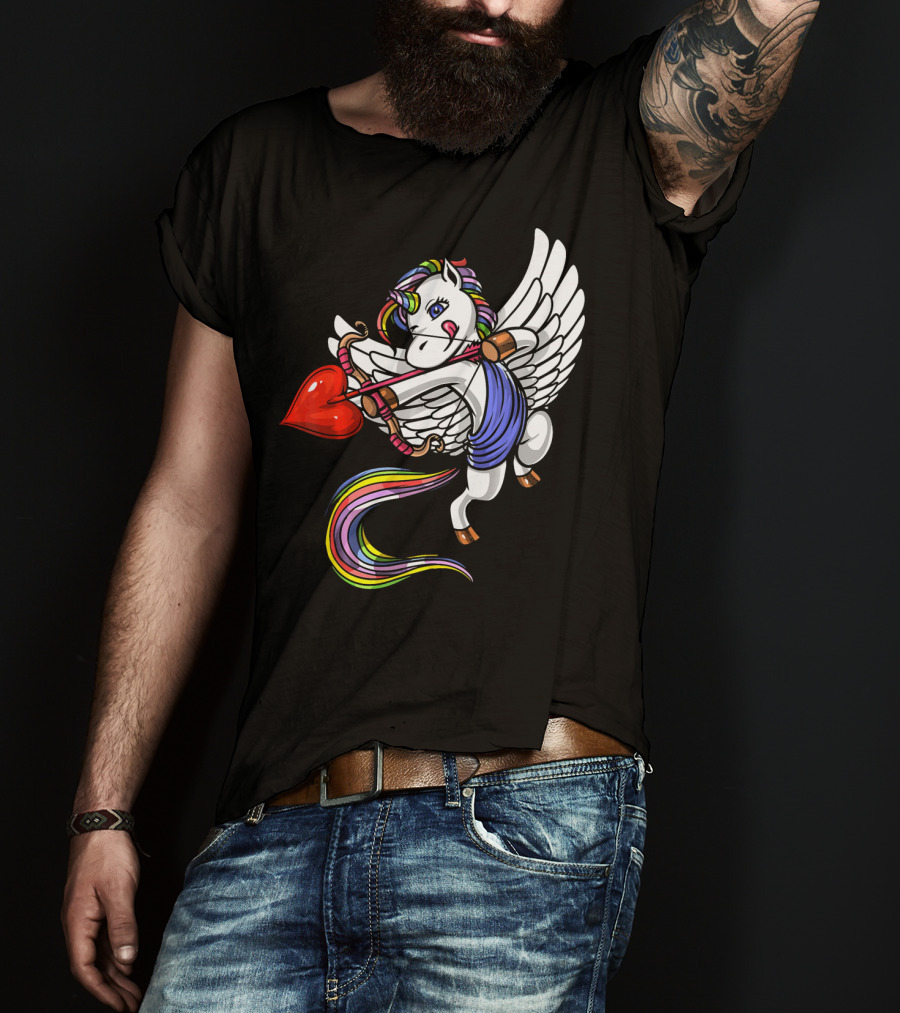 Unicorn Cupid Heart Valentines Day Rainbow Pegasus T-Shirt