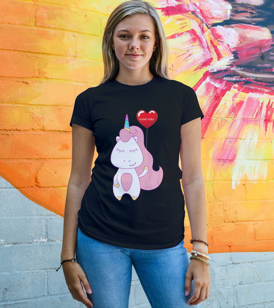 Unicorn Holding Heart Balloon With I Love You Message Valentine T-Shirt