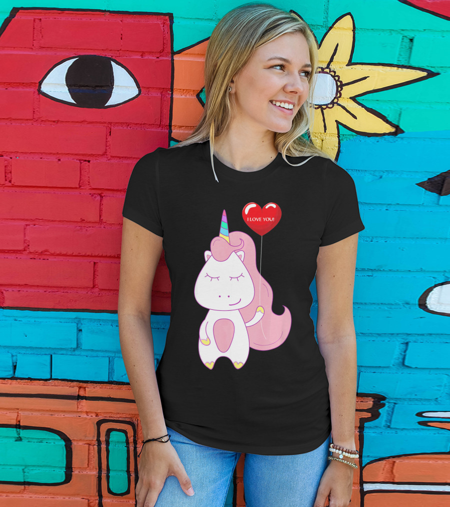 Unicorn Holding Heart Balloon With I Love You Message Valentine T-Shirt