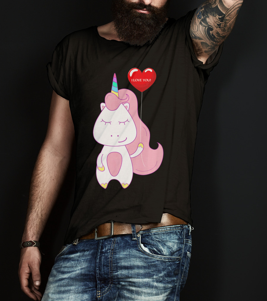 Unicorn Holding Heart Balloon With I Love You Message Valentine T-Shirt