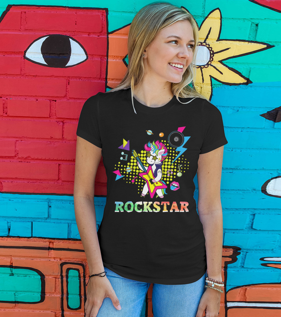 Unicorn Rock Star With Guitar Colorful Music Elements And Neon Symbols T-Shirt