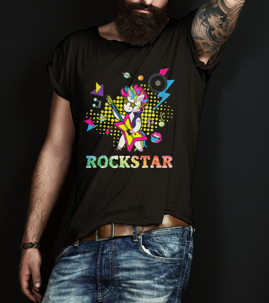 Unicorn Rock Star With Guitar Colorful Music Elements And Neon Symbols T-Shirt