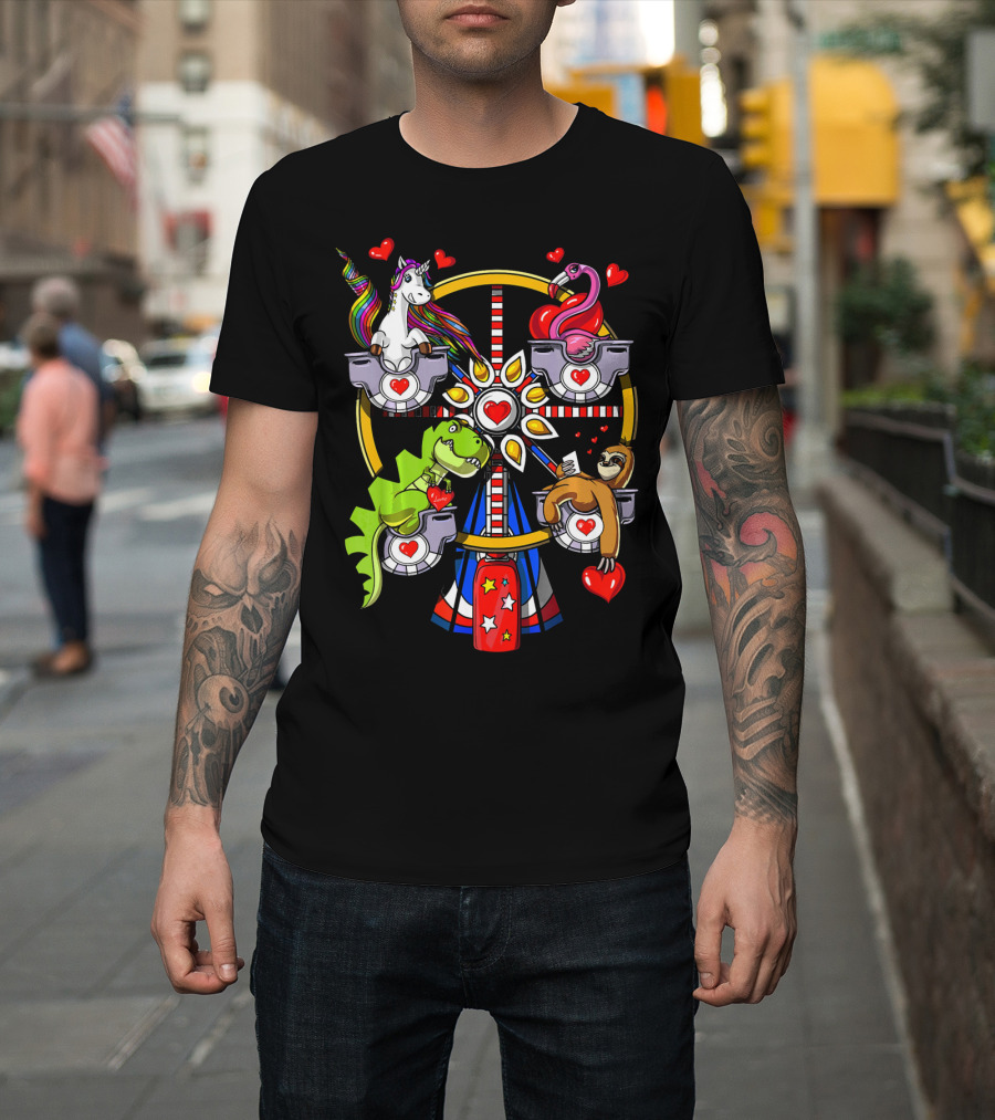 Unicorn Rex Dinosaur Sloth Flamingo Ferris Wheel Love Hearts T-Shirt