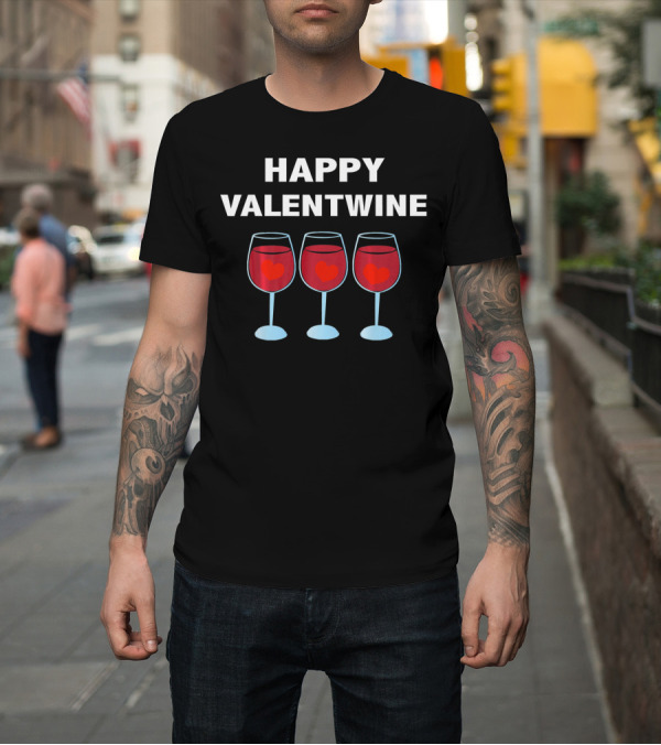 Shirt: Happy Valentwine with Three Heart-Filled Wine Glasses T-Shirt Happy Valentwine with Three Heart-Filled Wine Glasses T-Shirt