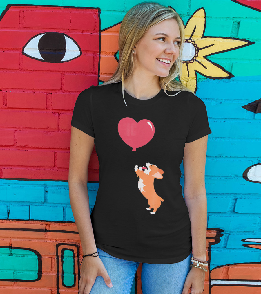 Little Corgi Puppy Dog Reaching For Red Heart Balloon T-Shirt