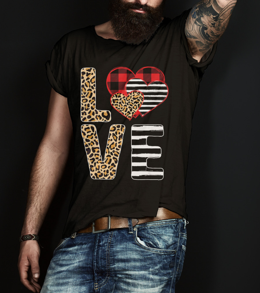 Love Valentines Day Hearts Leopard Buffalo Plaid Stripe T-Shirt