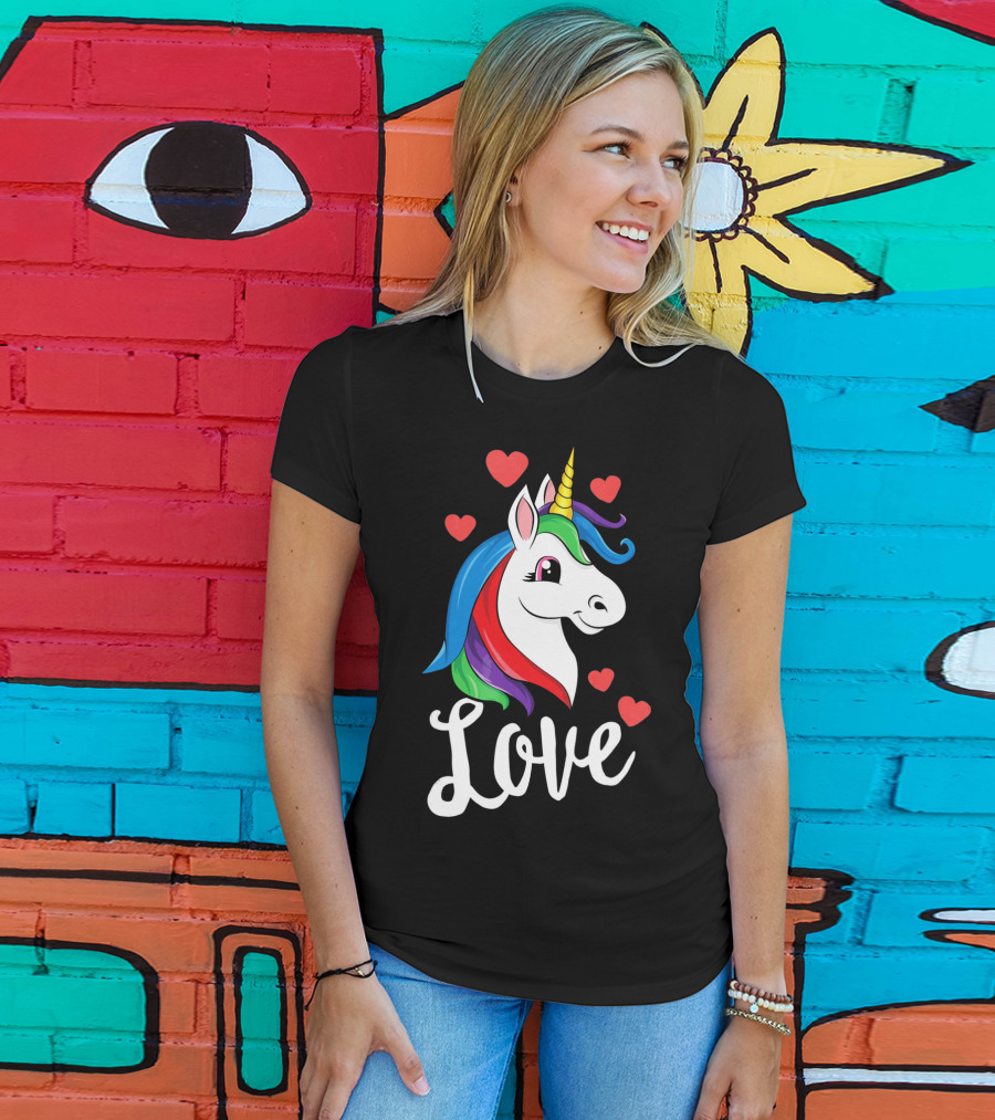 Love Unicorn With Hearts Valentines Day T-Shirt