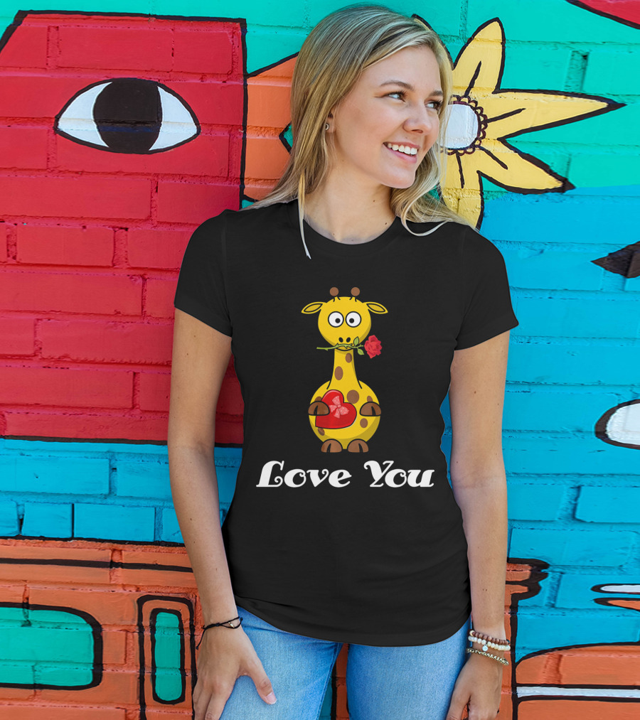 Love You Cute Giraffe Holding Rose And Heart Valentine T-Shirt