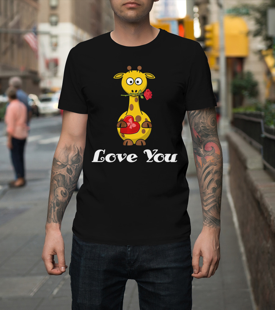 Love You Cute Giraffe Holding Rose And Heart Valentine T-Shirt