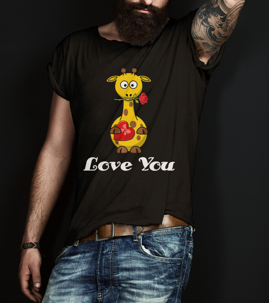 Love You Cute Giraffe Holding Rose And Heart Valentine T-Shirt