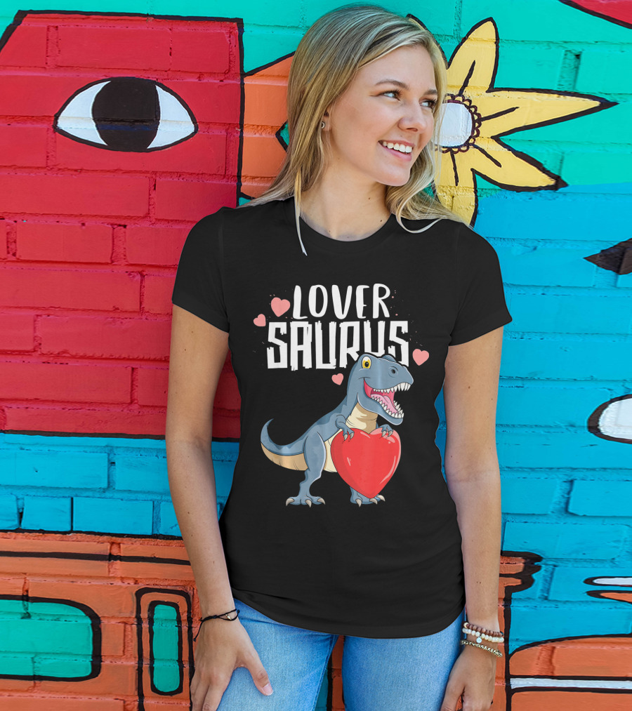 Lover Saurus Dinosaur Holding Heart With Loveasaurus Valentines T-Shirt