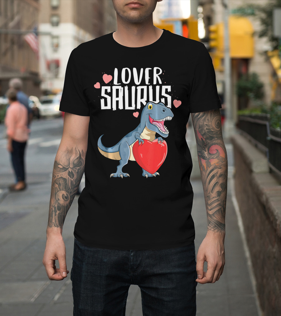 Lover Saurus Dinosaur Holding Heart With Loveasaurus Valentines T-Shirt