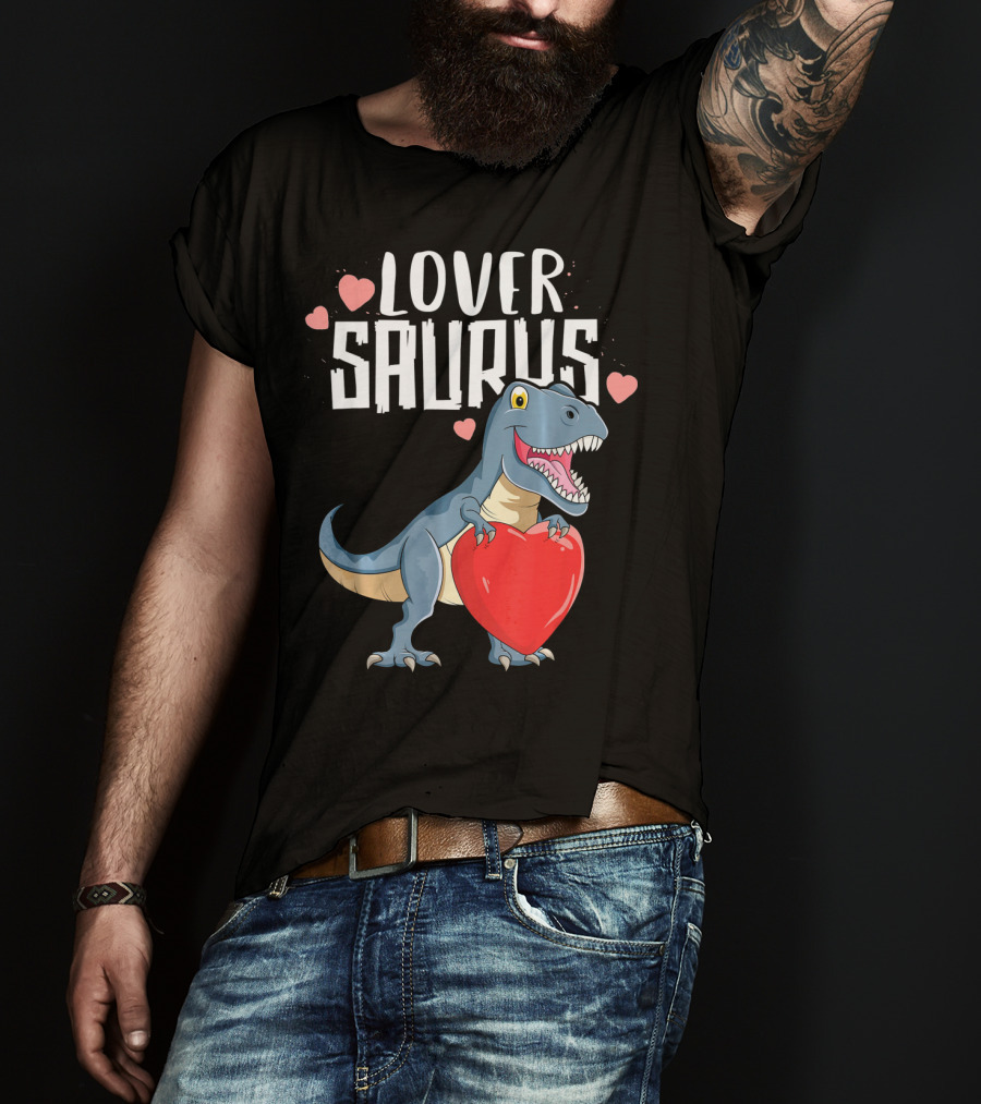 Lover Saurus Dinosaur Holding Heart With Loveasaurus Valentines T-Shirt
