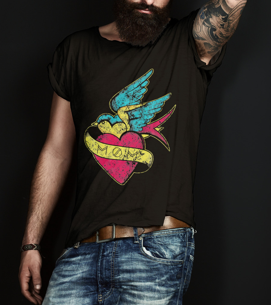 Mom Heart With Blue Bird Vintage Tattoo Valentines T-Shirt