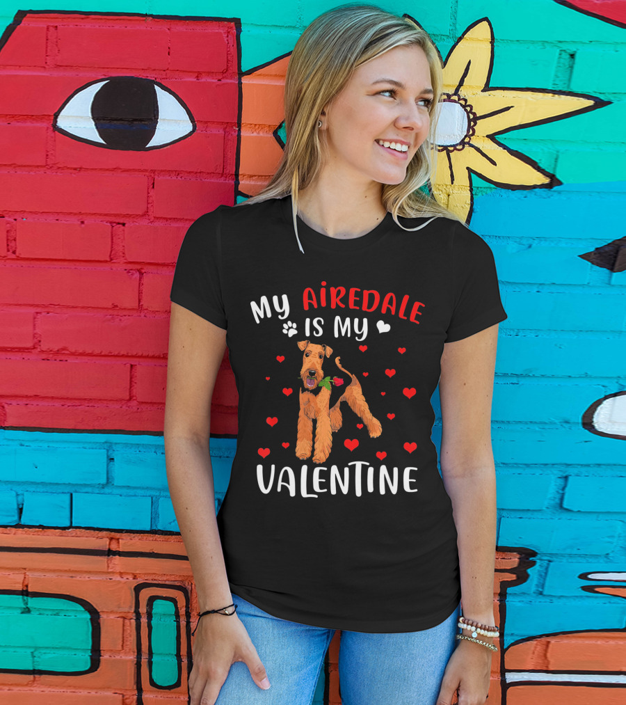 My Airedale Is My Valentine Hearts Pawprint T-Shirt