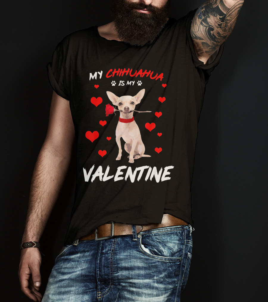 My Chihuahua Is My Valentine Raining Hearts Red Rose T-Shirt