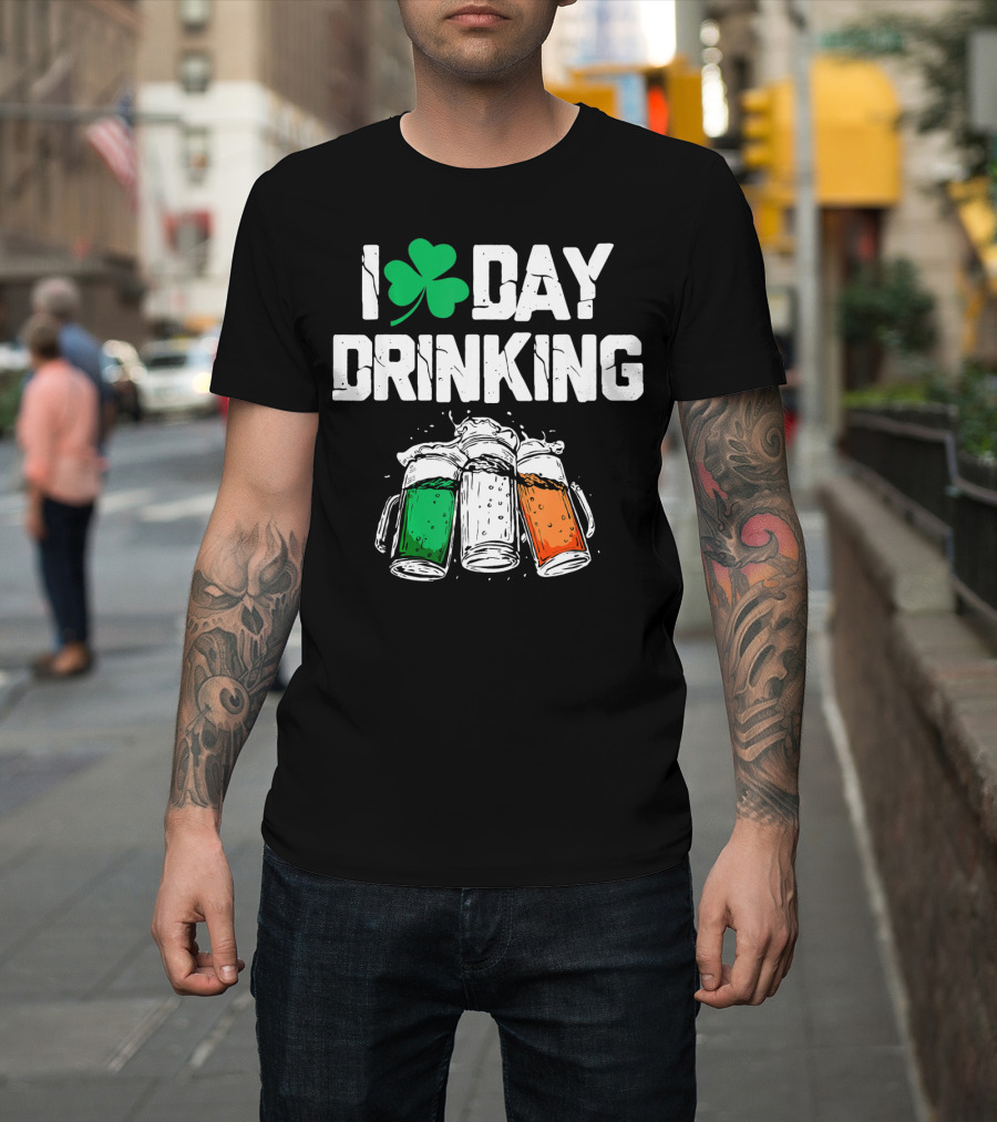 I Love Day Drinking Lucky Shamrock and Irish Flag Beer Mugs T-Shirt