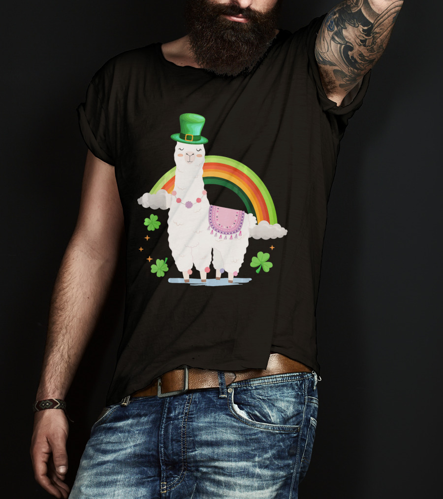 Llama St Patricks Day Rainbow Leprechaun Hat With Shamrocks T-Shirt