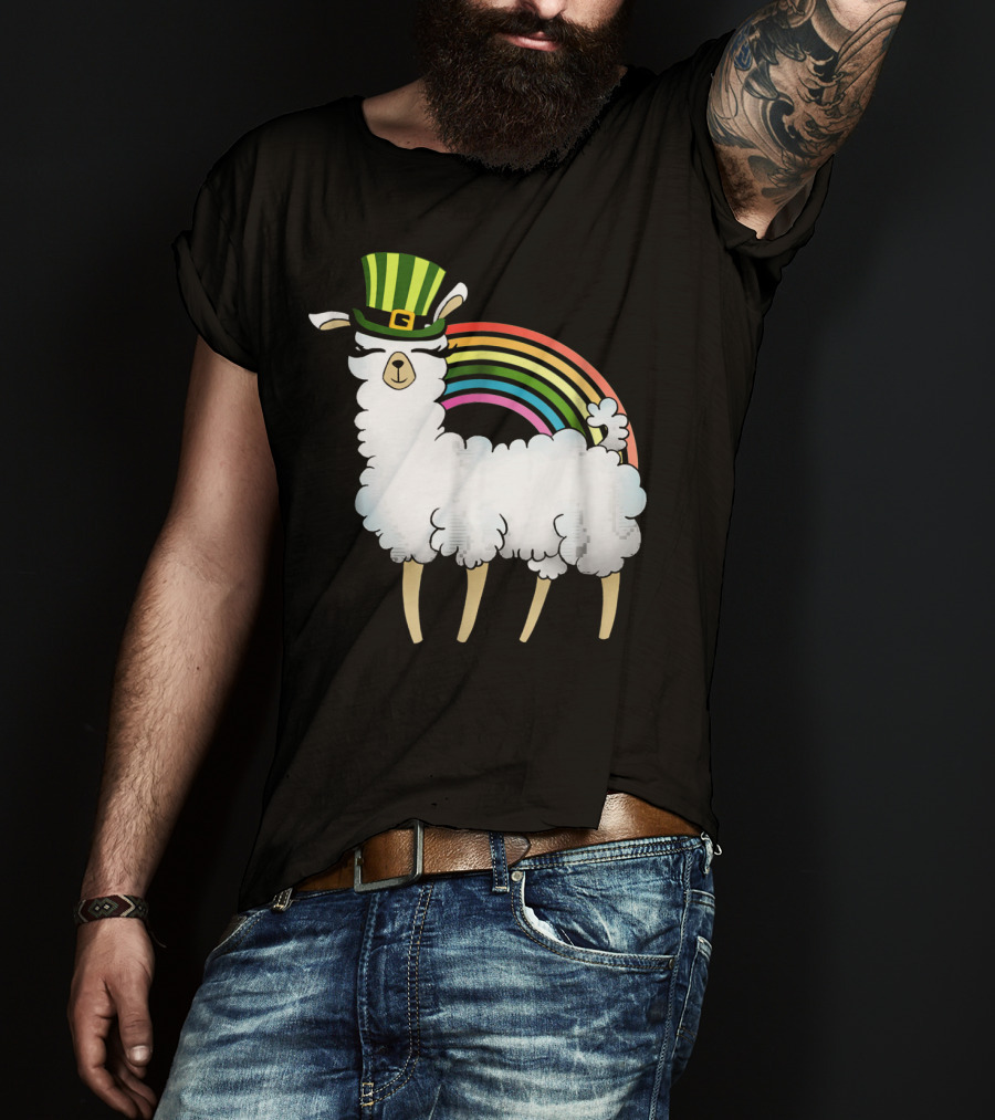 Llama In St Patrick's Day Hat With Rainbow T-Shirt