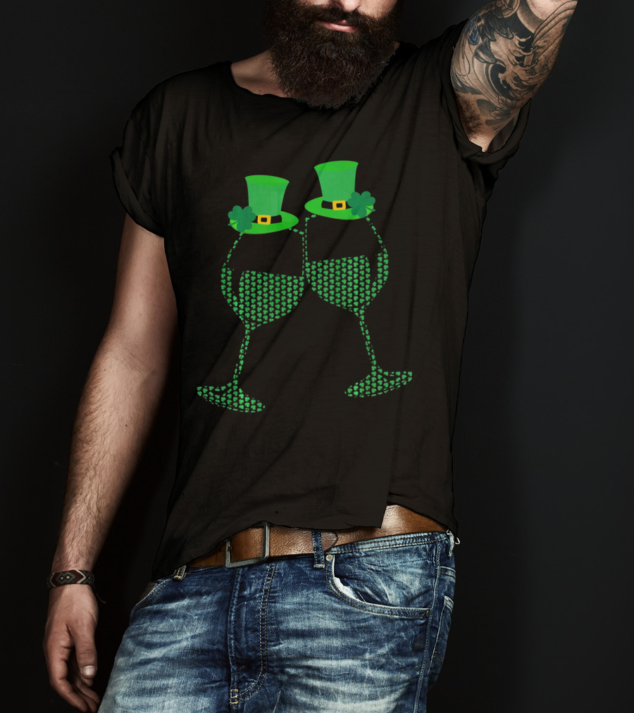 Wine Glasses Shamrock Leprechaun Hats St. Patrick's Day T-Shirt