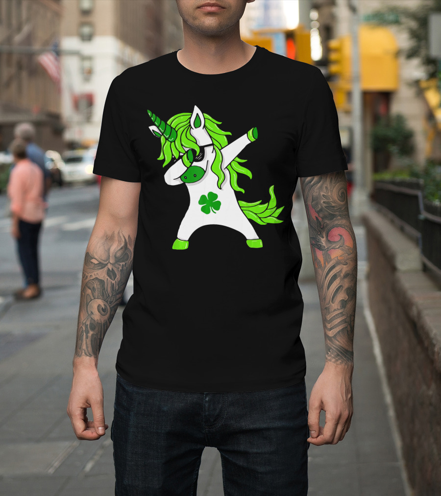 Mens Womens Dabbing Unicorn With Green Shamrock And Hair T-Shirt