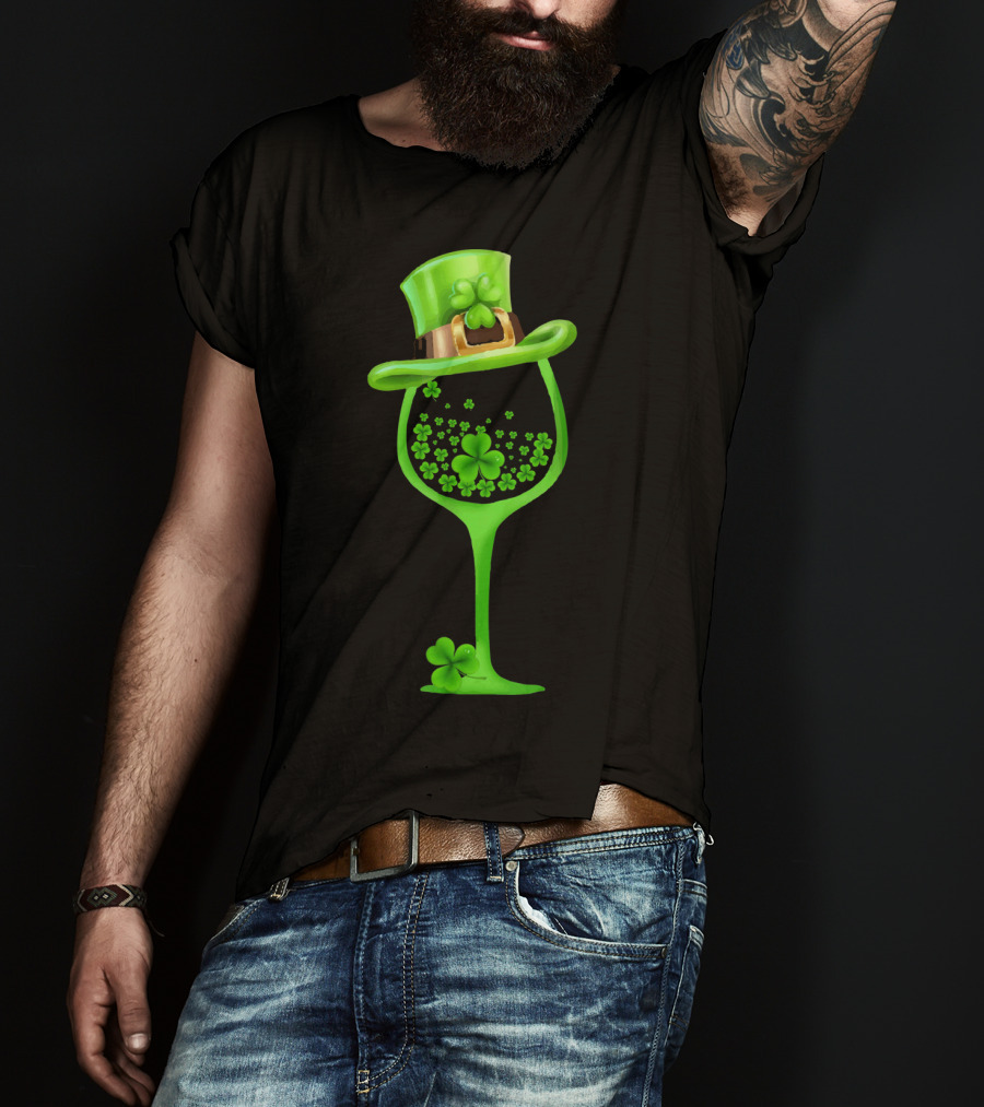 Shamrock Wine Glass With Green Top Hat For St Patricks T-Shirt