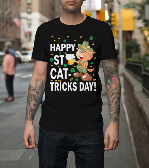 Shirt: HAPPY ST CAT-TRICKS DAY CAT LEPRECHAUN DRINKING BEER WITH CLOVERS AND GOLD COINS T-Shirt HAPPY ST CAT-TRICKS DAY CAT LEPRECHAUN DRINKING BEER WITH CLOVERS AND GOLD COINS T-Shirt