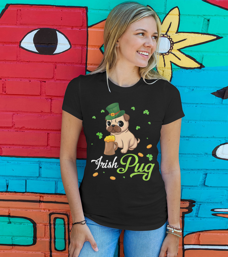 Irish Pug Shamrocks Hat Beer Coins T-Shirt