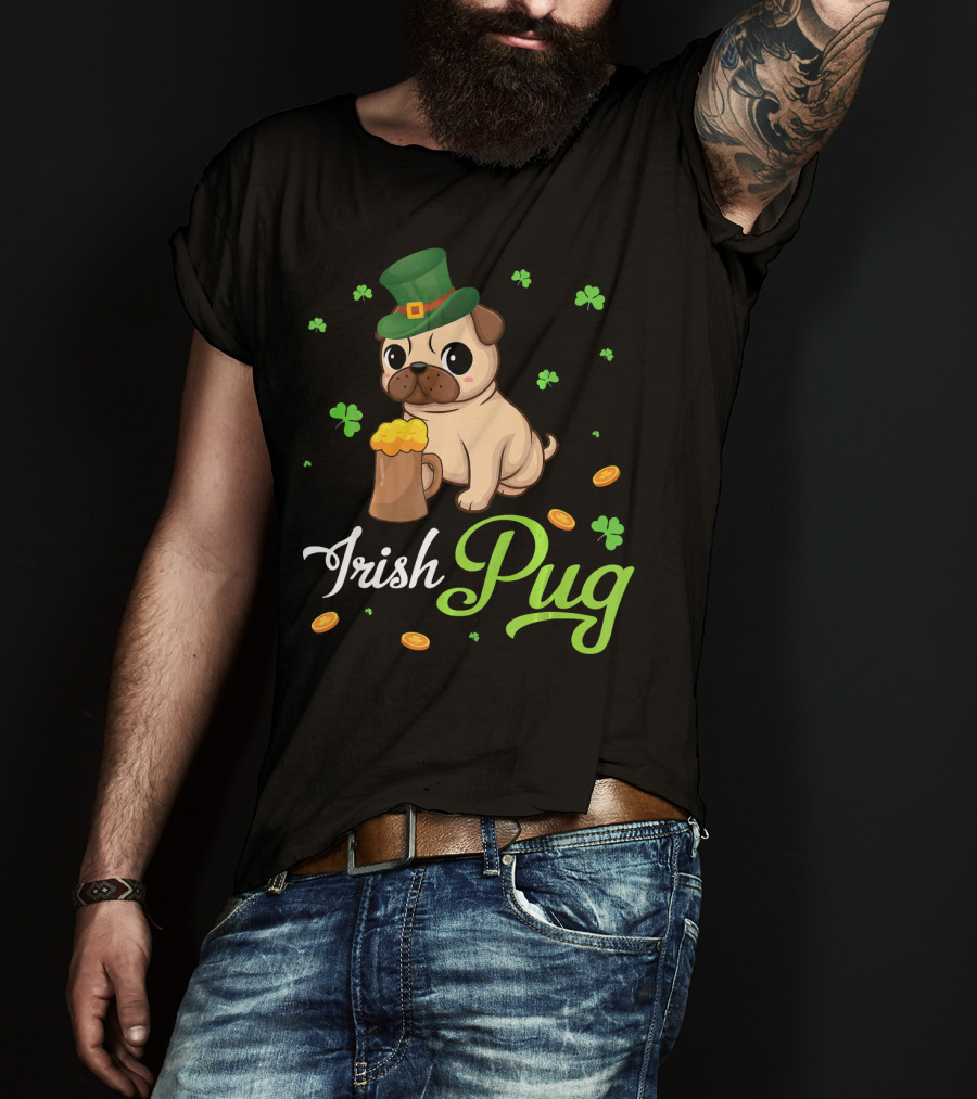 Irish Pug Shamrocks Hat Beer Coins T-Shirt