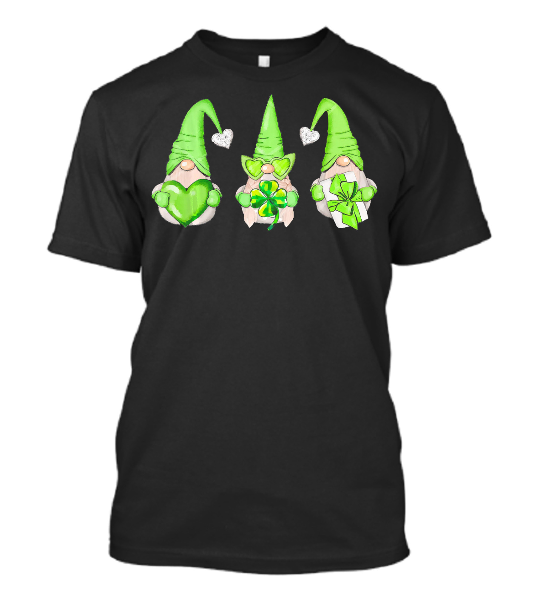 Cool Green Gnomes With Leprechaun Shamrock Hearts And Gifts T-Shirt