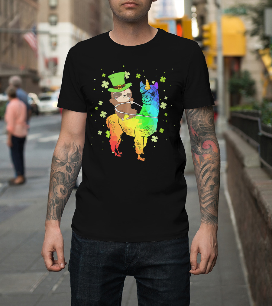 Leprechaun Sloth Riding Rainbow Llama Unicorn St Patrick's Clover T-Shirt