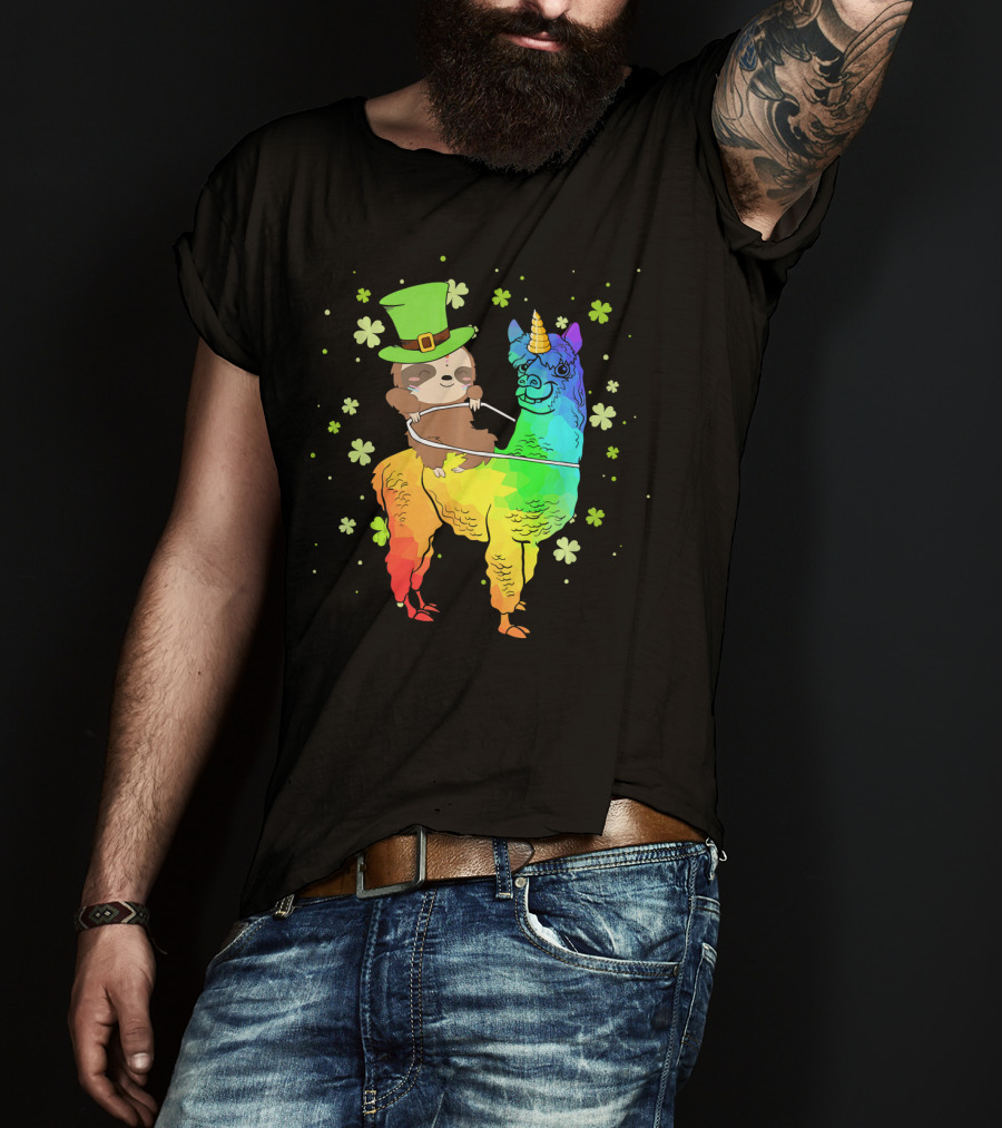 Leprechaun Sloth Riding Rainbow Llama Unicorn St Patrick's Clover T-Shirt