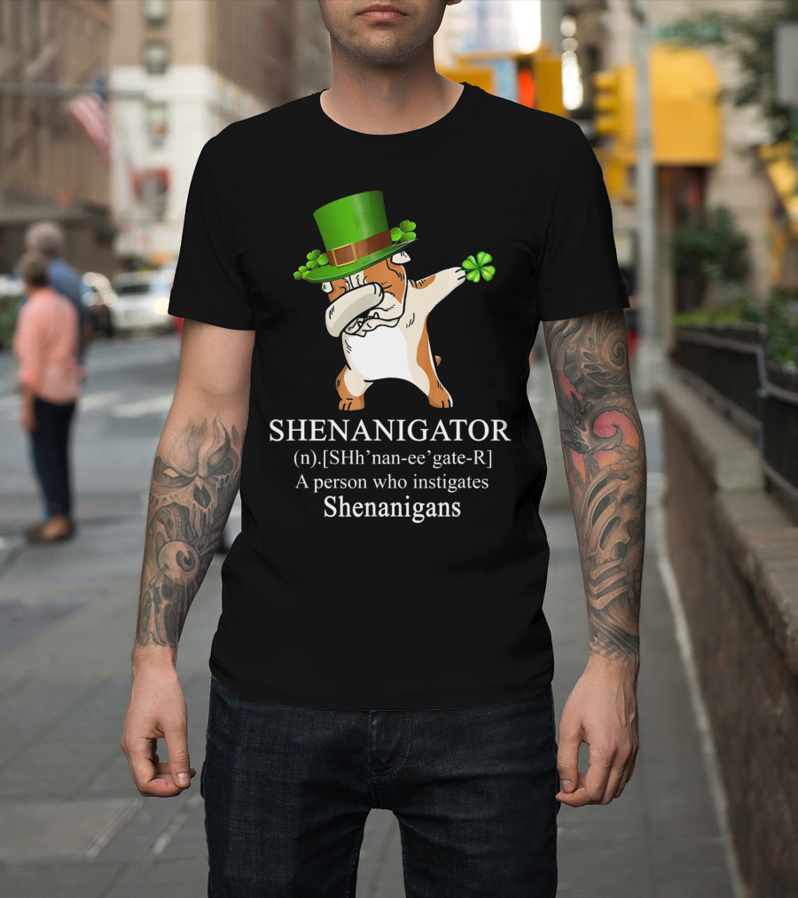 Shenanigator Dabbing Bulldog Instigates Shenanigans With Shamrock Hat T-Shirt