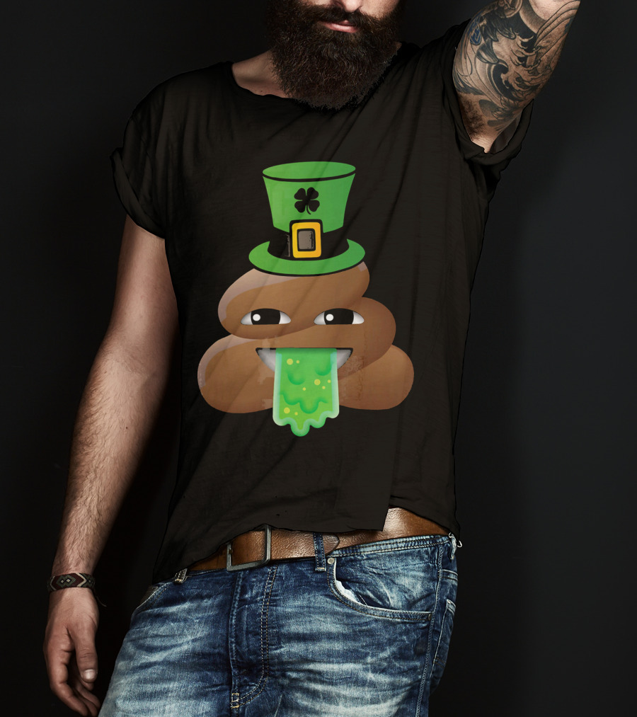 St Patricks Day Funny Leprechaun Poop Emoji Hat And Green Slime Tongue T-Shirt