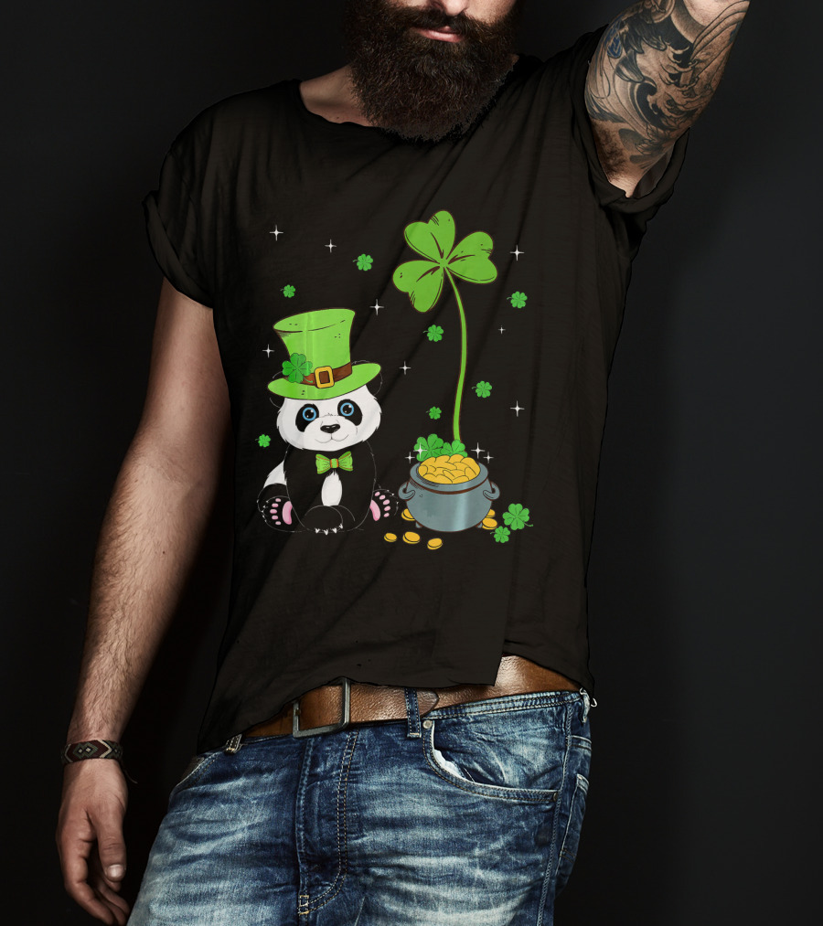 Shamrock Leprechaun Panda St Patricks Pot Of Gold T-Shirt